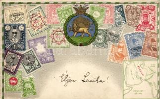 Persia, Persien - set of stamps, Ottmar Ziehers Carte philatelique No. 98. Emb. litho