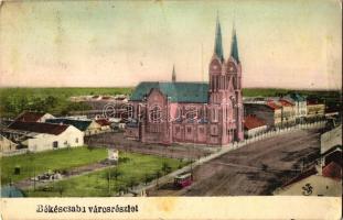 Békéscsaba, templom, villamos (EK)