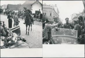 cca 1940 Katonai bevonulás német katonákkal, 2 db fotó, későbbi előhívások, 9x12 cm