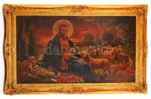 Koleszár György (?-?): A jó pásztor. Olaj, vászon, jelzett, antik nagy méretű keretben, 60×110 cm