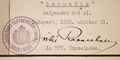 1935 Díszes elismerő oklevél az Országos Polgári Lövész Egyesületek Bajnoki Céllövő Versenyén elért ...