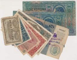 8db-os korona bankjegy tétel, közte 1912. 100K piros "MAGYARORSZÁG" felülbélyegzéssel, 1914. 50K szerb felülbélyegzéssel T:vegyes
