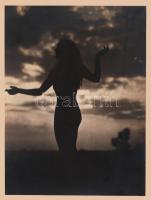 Sziluett a naplementében, kartonra kasírozott fotó, jelzetlen, felületén törésnyommal, 24x17 cm