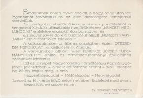 1930 Szeged: Meghívó a szegedi Nemzeti Megújhodás Domborművének, a Nemzeti Nagyjaink Emlékcsarnokána...