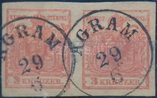 1850 3kr pár / pair HP III. jó / óriási szélekkel, felül üreges nyomat, túlfestékezett / with nice margins &quot;AGRAM&quot;