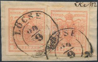 2 x 3kr MP III. szép szélekkel "LÖCSE" (enyhe hajtásnyom), 2 x 3kr MP with nice margins "LÖCSE" (folded)