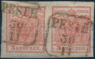 1850 3kr pár / pair HP III. szép / óriási szélekkel, eredeti gumirészekkel, lemezhibával / with nice margins, with plate variety, with original gum parts PESTH