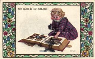 Die kleine Kunstlerin / Girl and book, B.K.W.I. 587-4. s: August Patek (Rb)