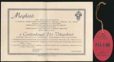 1939 Meghívó és programfüzet az Anna királyi hercegasszony védnöksége alatt működő Cserkészlányok Első Világtáborába, belépőjeggyel a Pax-ting záróünnepélyre