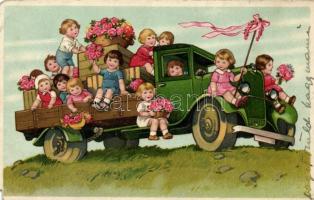 Children, truck, automobile, greeting card, B.Co. B. 8860. litho (EM)