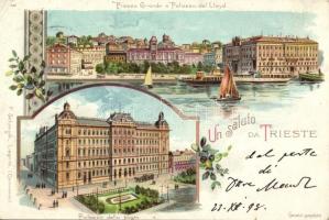 1898 Trieste, Piazza Grande, Palazzo del Lloyd, Palazzo della Posta; Verlag F. Scmuck floral litho (EB)