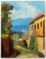 Hénel jelzéssel: Mediterrán utca. Olaj, farost, 65×50 cm