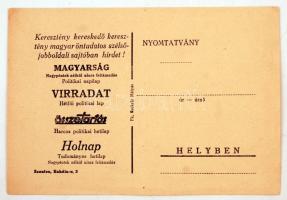 cca 1938 A Magyar Nemzetiszocialista Párt Hungarista, nyilaskeresztes párt figyelmeztető levelezőlap...