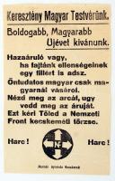 cca 1940 Nemzeti Front nyilaskeresztes párt figyelmeztető levelezőlapja. Kecskemét. Hátoldalán Haranghy Árpád titkárhelyettes aláírásával