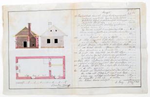 1827 Magánház építési árajánlata, a ház színezett tervrajzával. Aláírt. 40x26 cm