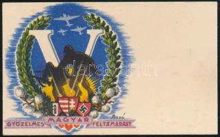 1942 Nagykároly, "Győzelmes magyar feltámadást" Népies irredenta üdvözlőkártya horogkeresztes német és fasiszta olasz címerrel, Bozó jelzéssel / Irredenta card with national socialist coat of arms, minicard, 11×7 cm