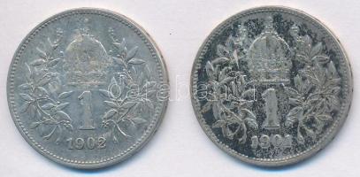 Ausztria 1901-1902. 1K Ag "Ferenc József" (2x) T:2- patina Austria 1901-1902. 1 Corona Ag "Franz Joseph" (2x) C:VF patina