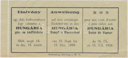 1934 Utalvány 1 db kedvezményes váltására a Hungária gőz- és kádfürdőbe