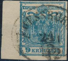 9kr HP III. teljes / óriási szélekkel, bal ívszél 7,5 mm "PRESSBURG", 9kr HP III. 7,5 mm with nice / large margins "PRESSBURG"