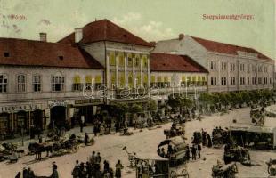 Sepsiszentgyörgy, Főtér, Városi szálloda, Bikfalvi és Berkovics kereskedései; Benkő M. könyvkereskedő kiadása / main square with the shops of Bikfalvi and Herman Berkovics (EB)