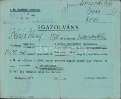 1916-1917 Bp., Magyar Királyi Államvasutak és a M. kir. Honvédelmi Minisztérium által kiadott a katonai szolgálat alól való felmentést bizonyító igazolvány
