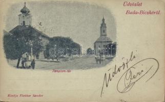 Bicske, Buda-Bicske, Templom tér, templom, kiadja Flakker Sándor (EB)