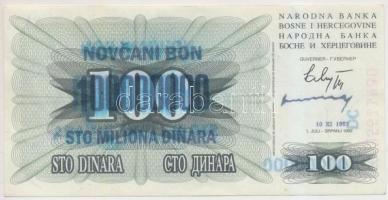 Bosznia-Hercegovina 1992. 100D 100.000.000D 1993. felülbélyegzéssel T:I- Bosnia and Hercegovina 1992. 100 Dinara with 100.000.000 Dinara 1993 overprint C:AU