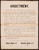 1888 Bp., A X. kerületi elöljáróság által kiadott, épületfa kereskedés megnyitása miatti helyszíni tárgyalásról szóló hirdetmény, szakadt, 43x34 cm