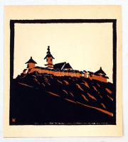 Kós Károly (1883-1977): Gótikus vártemplom Illyefalván, színezett linómetszet, papír, jelzett a metszeten, hátulján feliratozva, 11×11 cm