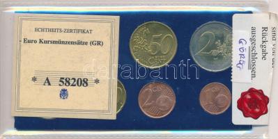 Görögország 2002. 1c-2EUR (8xklf) forgalmi sor fóliatokban számozott tanúsítvánnyal T:1 Greece 2002. 1 Cent - 2 Euro (8xdiff) coin set in foil packing with numbered certificate C:UNC