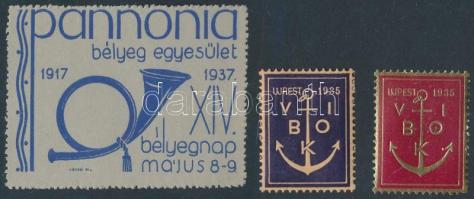 1935-1937 Vidéki bélyeggyűjtők első országos kiállítása Ujpest + Pannónia XIV. bélyegnap 3 db levélzáró