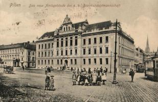 Plzen, Pilsen, Amtsgebäude der k.k. Bezirkshauptmannschaft / Austrian office building, trams