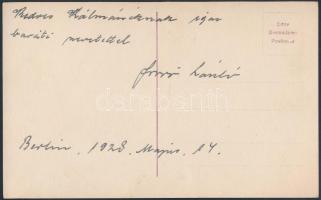 1928 Forró László színész? üdvözlő sorai és aláírása őt magát ábrázoló,  Kálmán Oszkár (1887-1971) o...