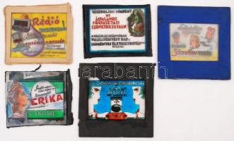 cca 1948-1951 Fekete György budapesti fényképész specialitása a mozikban nagyfilmek előtt vetített álló diapozitív reklámképek voltak, ez az összeállítás kisiparosok és kiskereskedők reklámjait tartalmazza, 5 db színezett üveg diapozitív kép, 8x8 cm és 6x8 cm