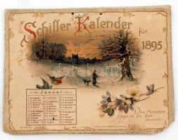 1895 Schiller naptár színes litho oldalakkal, hiánytalan, de minden lap egyik sarkán sérülés. Naptárbélyeggel / 1895 Vintage litho calendar 17x13 cm