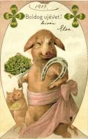 New Year, pigs, clover, horseshoes, litho (EB)