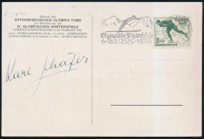 1936 Garmisch Partenkirchen téli olimpia képeslap, rajta az osztrák műkorcsoláyzó Karl Schäfer saját kezű aláírásával. (hajtott) / 1936 Winter Olympic Games of Garmisch Partenkirchen. Postcard with autograph signature of the Austrian artistic skater Karl Schäfer. (folded)