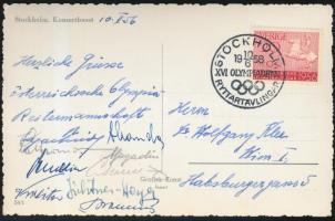 1956-os olimpia Stockholmban megrendezett lovas versenyeiről küldött képeslap, rajta az osztrák lovas csapat tagjainak  saját kezű aláírásával. / 1956 Olympic Games of Melbourne. Postcard sent from the horse races organised in Stockholm with autograph signature of the Austrian horse-riding team
