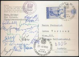 1960 Római olimpia képeslap, rajta az osztrák olimpiai csapat tagjainak saját kezű aláírásával. / 1960 Olympic Games of Rome. Postcard with autograph signatures of the Austrian olympic team.