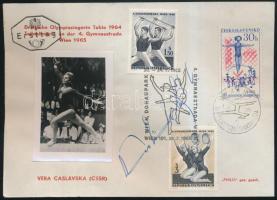 1960 Tokio olimpia képeslap, rajta a hétszeres olimpia bajnok tornásznő Vera Caslavska saját kezű aláírásával. / 1966 Olympic Games of Tokyo. Postcard with autograph signature of the 7 times winner Czech gymnast Vera Caslavska