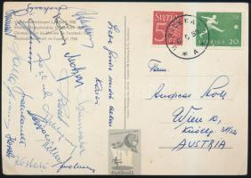 1958 Labdarúgó világbajnokság, rajta az osztrák válogatott tagjainak saját kezű aláírásával. / 1958 Football World Cup of Sweden. Postcard with autograph signatures of the Austrian football team
