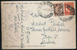 1934 Az osztrák labdarúgócsapat tagjainak saját kezű aláírásával elküldött képeslap Romániából. (ragasztott fül és szakadás) / 1934 Austrian football team members signature on postcard send from Romania. (Toni Schall, Karl Stoiber, Platzer, Urbanek, Vogl, Hahnemann...) (damaged corner and tear)