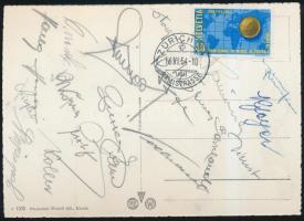1954 A bronzérmes osztrák labdarúgócsapat tagjainak saját kezű aláírása képeslapon a svájci football világbajnokságról / 1954 Third place winner Austrian football team members signature on postcard (Stojaspal, Ochirk, Happel, Koller...)