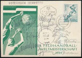 1959 Az osztrák kézilabdacsapat tagjainak saját kezű aláírása első napi borítékon a világbajnokságról / 1959 Austrian handball team members signature on PS card