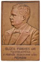 Exner Károly (1850-1919) 1913. "Glück Frigyes" Br plakett. "GLÜCK FRIGYES ÚR TISZTELETÉRE, A MAGYAR SZAKÁCSOK KÖRE MCMXIII / A NEMZETEK SORSA ATTÓL FÜGG, HOGY MIKÉNT TÁPLÁLKOZNAK - BRILLAT SAVARIN" (56x37mm) T:2,2- Hungary 1913. "Frigyes Glück" Br plaque. Sign.: Károly Exner (56x37mm) C:XF,VF HP 2067.