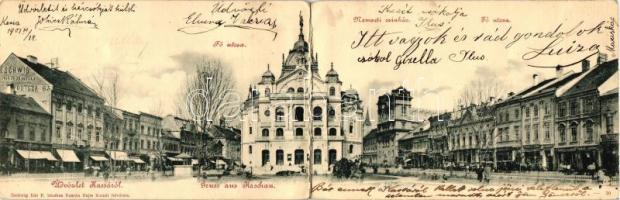Kassa, Fő utca, Nemzeti színház, Eschwig, Mildner Ferencz, Meiself Leo, Novelly Sándor és Binder Ernő üzlete; kiadja Eschwig Ede, Hatjs Kornél felvétele / main street, theatre, shops, panoramacard (r)