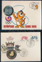 38db-os érmés és bankjegyes boríték bélyeggel és bélyegzéssel, szép gyűjtemény svájci gyűjtői albumb...