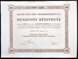 Budapest 1923. "Molnár János Imre Lakberendezési Részvénytársaság" 25 részvénye egyenként 1000K-ról szelvényekkel T:I-,II