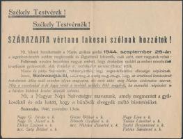 1946 Erdély: Szárazajta vértanú lakosainak nevében kiadott politikai röplap a Magyar Népi Szövetségtől. Székely testvérek, székely testvérnők címmel.