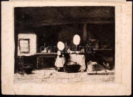 Munkácsy Mihály (1844-1900): Konyhában. Munkácsy egyetlen rézkarcának eredeti dúcról készült lenyomata, papír, jelzett a nyomaton, foltos. 20×28 cm